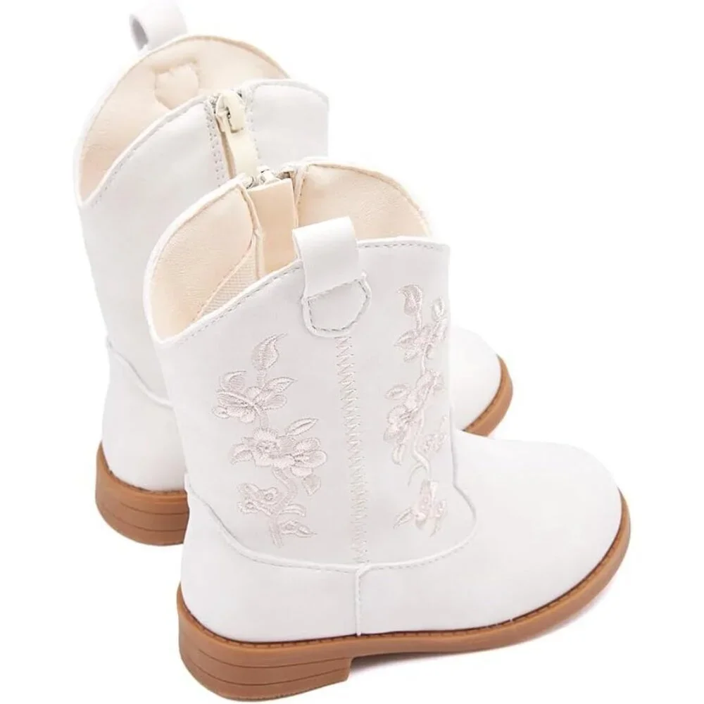 ⚡Girls 4-white Microfiber Little Kids Mid Calf Western Pointed Toe Riding Boots